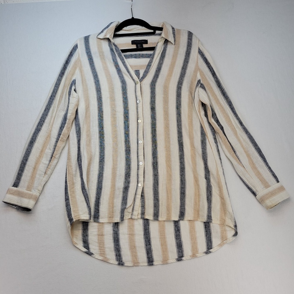 Tahari‎ Shirt Womens Small Cream Striped Linen Blend Button Down Top Coastal